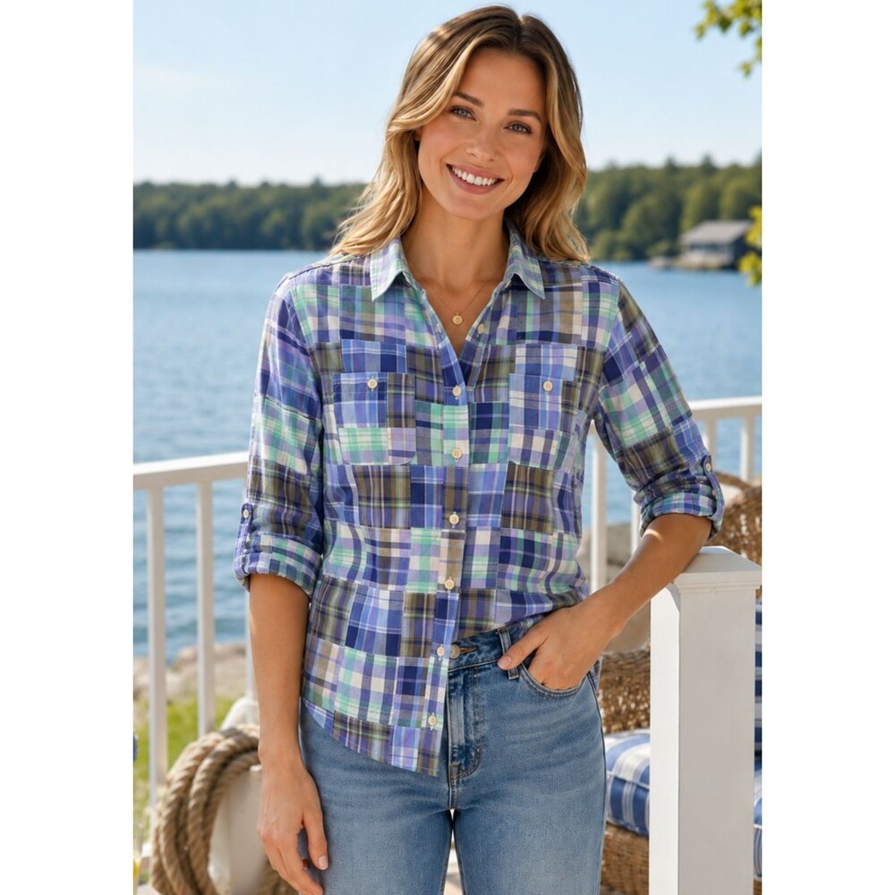 LL Bean Madras Patchwork Plaid Shirt Petite Roll Tab Sleeve Cottage MP - Picture 2 of 16
